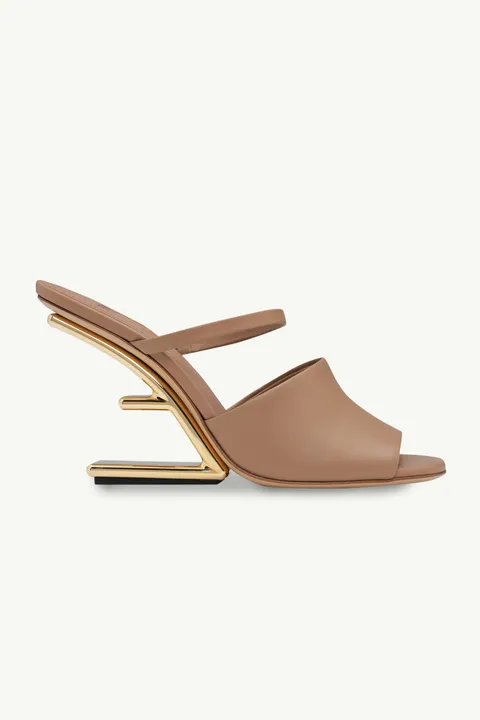 FENDI Women First Open Toe Sandals 105mm in Beige Leather with Diagonal F-Shaped Heels