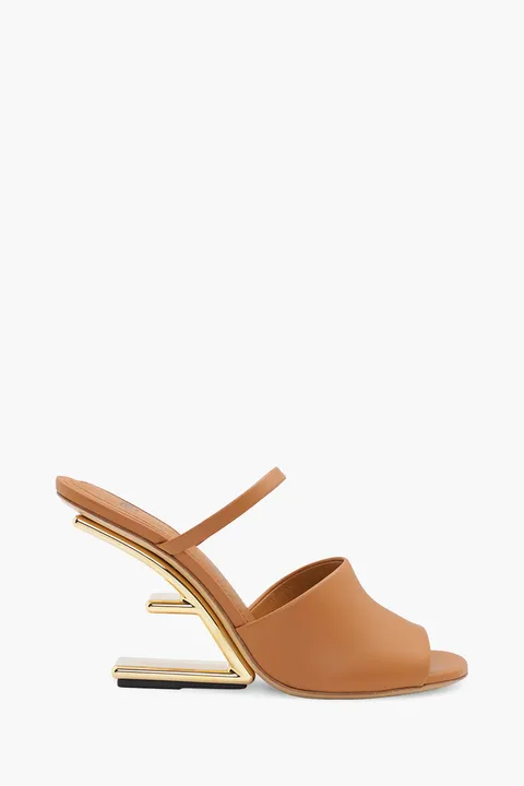 FENDI Women First Open Toe Sandals 105mm in Caramel Leather with Diagonal F-Shaped Heels