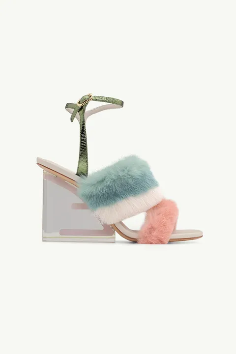 FENDI Women First Ankle Strap Sandals 95mm in Pink/White/Teal Mink with Diagonal F Transparent Heel