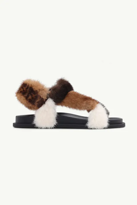 FENDI Women Feel Flat Sandals in Brown/Beige/White  Mink with FF Ankle Strap