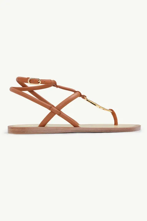 FENDI Women O’Lock Ankle Strap Thong Sandals in Brandy Nappa Leather