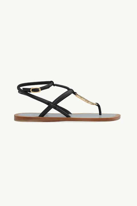 FENDI Women O’Lock Ankle Strap Thong Sandals in Black Nappa Leather