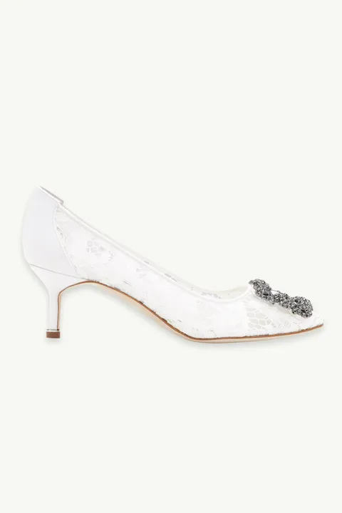 MANOLO BLAHNIK Hangisi Lace Pumps 5cm in Cream with Dark Crystal
