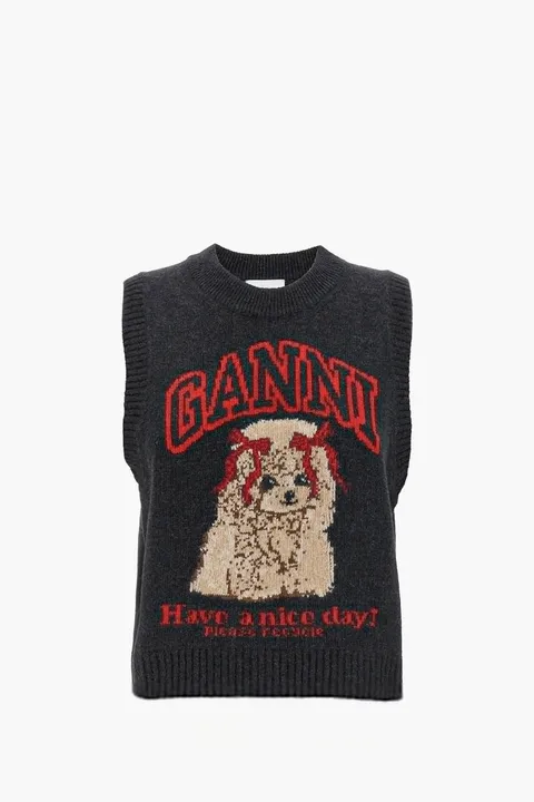 GANNI Women Logo Graphic Puppy Sleeveless Vest in Black/Sand Wool