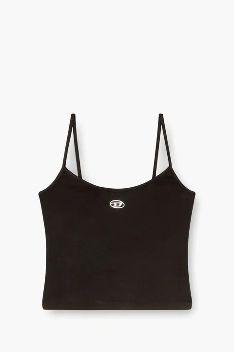 DIESEL Women T-Huppy-Od Ribbed Top in Black Cotton with Metallic Oval D
