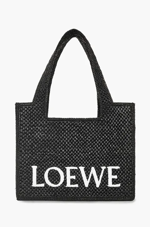 LOEWE Medium Logo Font Tote Bag in Black Raffia with Adjustable Shoulder Strap