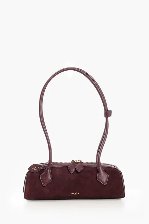 ALAIA Small Le Teckel Shoulder Bag in Rouge Grenat Suede x Shiny Goatskin