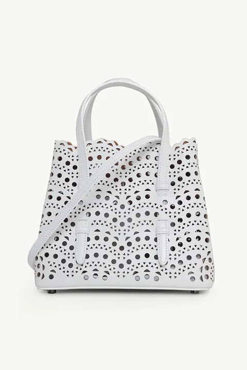 ALAIA Mina 20 Lasered Tote Bag in White with Inner Pouch