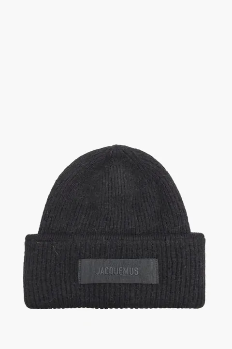 JACQUEMUS Le Bonnet Grosgrain Logo Beanie in Black Alpaca Wool