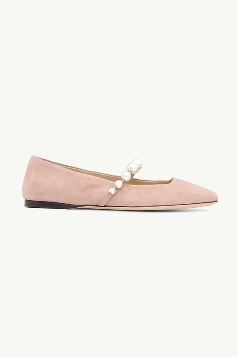 JIMMY CHOO Ade Flat in Ballet Pink/White Suede with Pearl Embellishment
