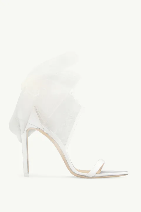 JIMMY CHOO Aveline Ankle Strap Sandals 100mm in Latte with Asymmetric Grosgrain Mesh Fascinator Bows