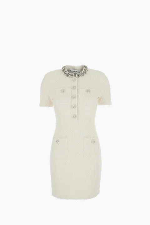 SELF-PORTRAIT Women Textured Knit Mini Dress in Cream Cotton with Crystal Trim