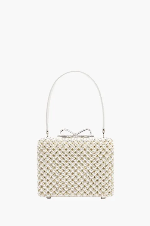 SELF-PORTRAIT Crystal Bow Pearl Embellished Micro Bag in Cream