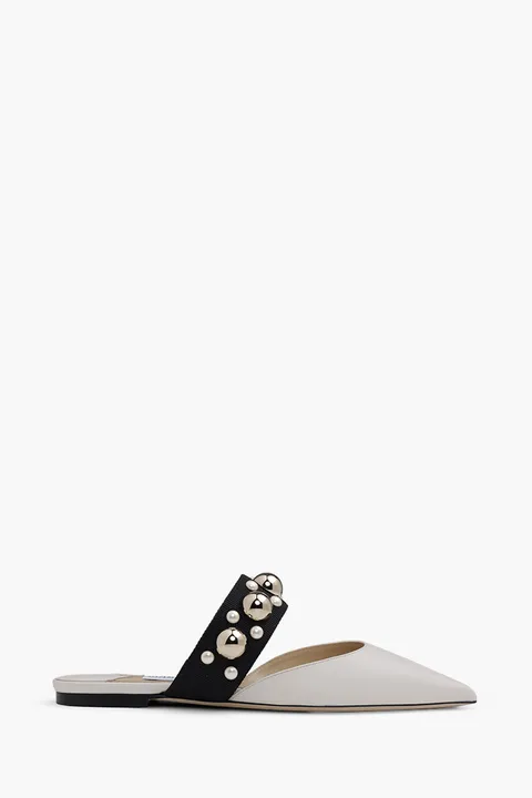 JIMMY CHOO Basette Pointed Toe Flat in Latte/Black/Gold Mix with Pearl and Stud Strap