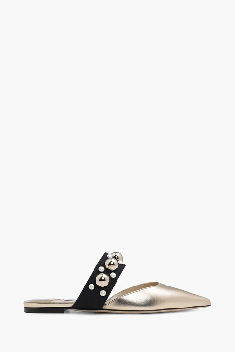 JIMMY CHOO Basette Pointed Toe Flat in Gold/Gold Mix with Pearl and Stud Strap