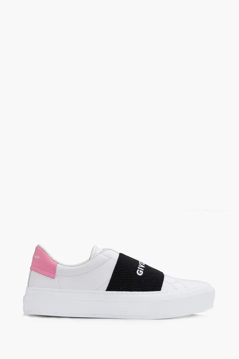 GIVENCHY Women 4G Logo Street Sneakers in White/Black/Pink with Logo Webbing