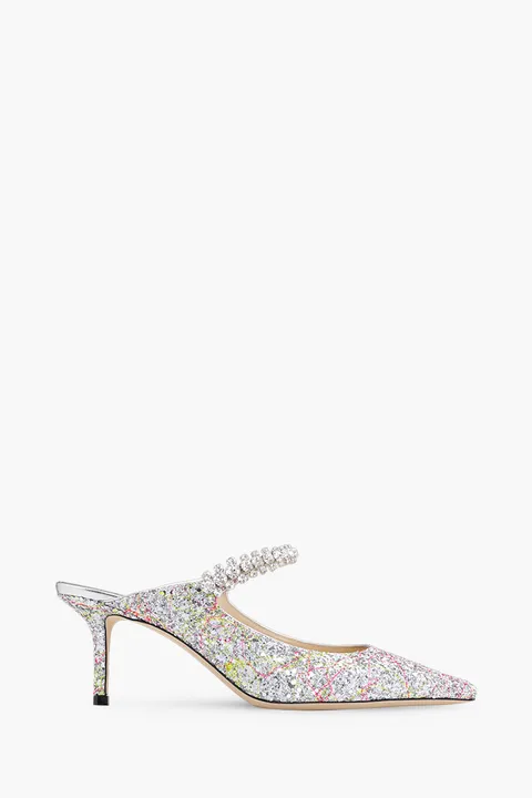 JIMMY CHOO Bing Mules Sandals 65mm in Silver Multicolor Splattered Coarse Glitter Fabric