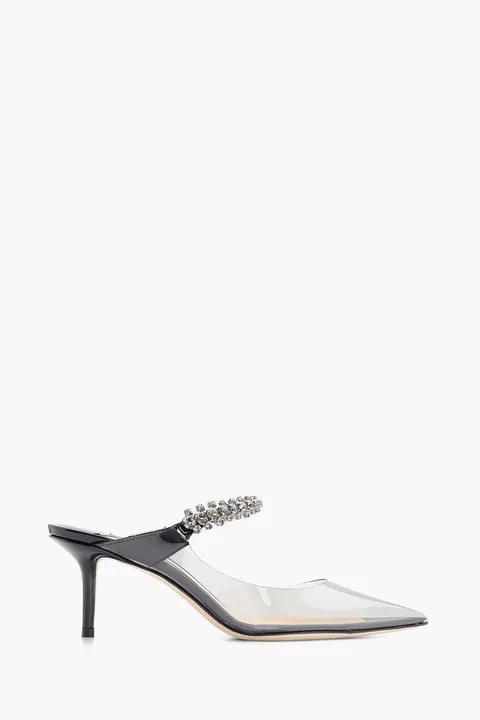 JIMMY CHOO Bing Mules Sandals 65mm in Smoke/Black Plexiglass with Crystal Strap