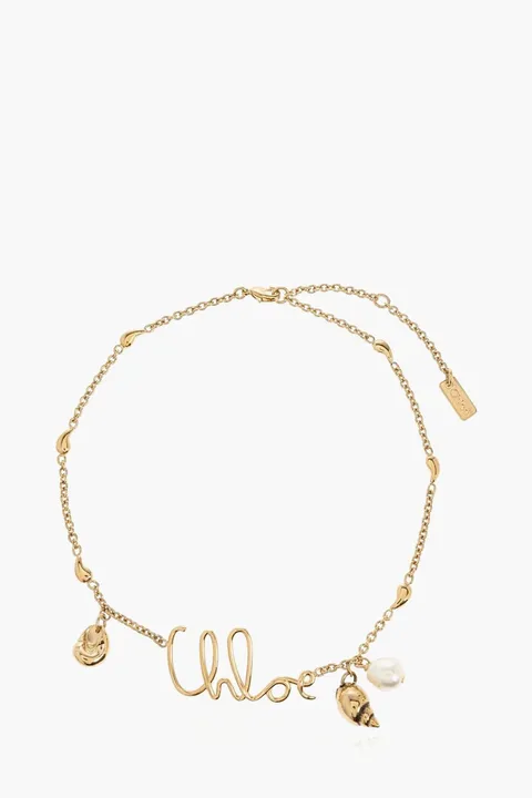 CHLOE Shells Necklace in Vintage Gold Brass & Syntetic Pearl with Shell Charms