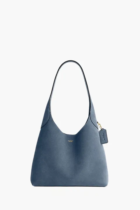 COACH Brooklyn Shoulder Bag 28 in Brass/Light Denim Suede and Grain Leather