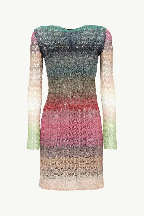MISSONI Women Degrade Wavy Patterns Mini Dress in Green/Pink Multicolor Glitter with Long Sleeves