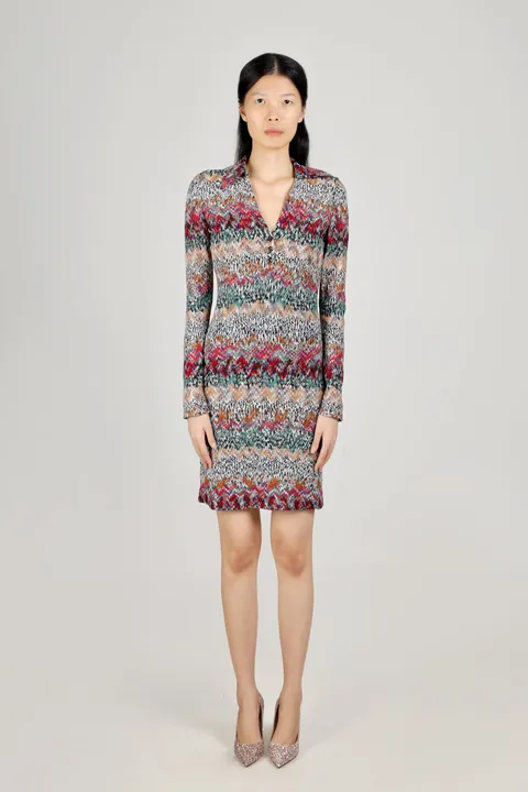 MISSONI Women Irregular Zig-Zag Patterns Mini Dress in Green Multicolor with Short Sleeves and Collar