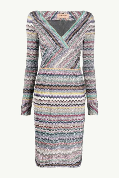 MISSONI Women Zig-Zag Patterns V-Neck Dress in Beige Multicolor Glitter with Long Sleeves