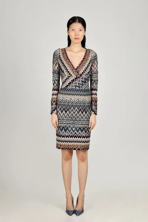 MISSONI Women Zig-Zag Patterns V-Neck Dress in Black Multicolor with Long Sleeves