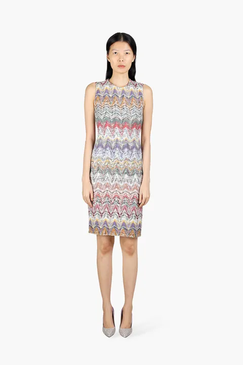 MISSONI Women Zig-Zag Patterns Knit Sleeveless Mini Dress in Beige/Purple Multicolor