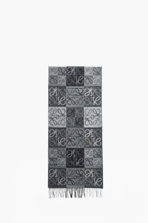 LOEWE Anagram Reversible Checkerboard Pattern Scarf in Black/White Wool and Cashmere
