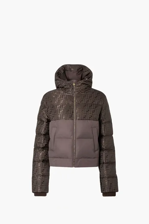 FENDI Women Logo Jacquard FF Short Down Jacket in Dark Brown Nylon