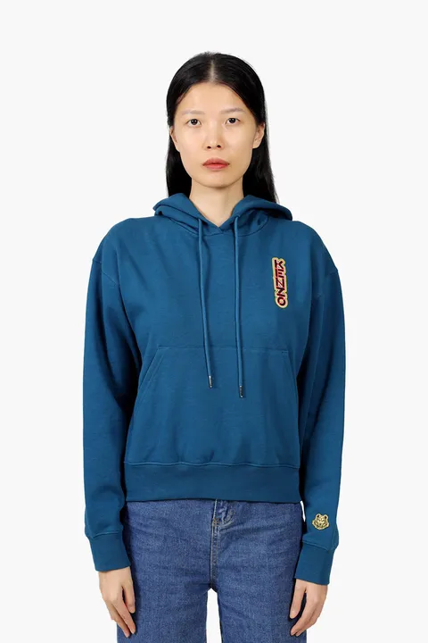 KENZO Women Neon Tiger on Back Boxy Sweatshirt in Duck Blue with Hoodie