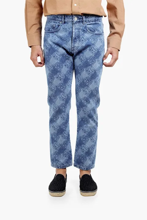 KENZO Men All-Over K-Tiger Monogram Cropped Tapered Jeans in Navy Blue