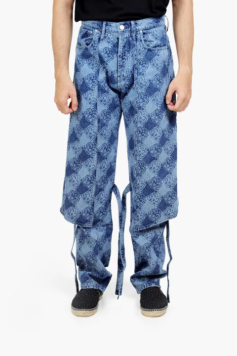 KENZO Men All-Over K-Tiger Monogram Apron Jeans in Navy Blue