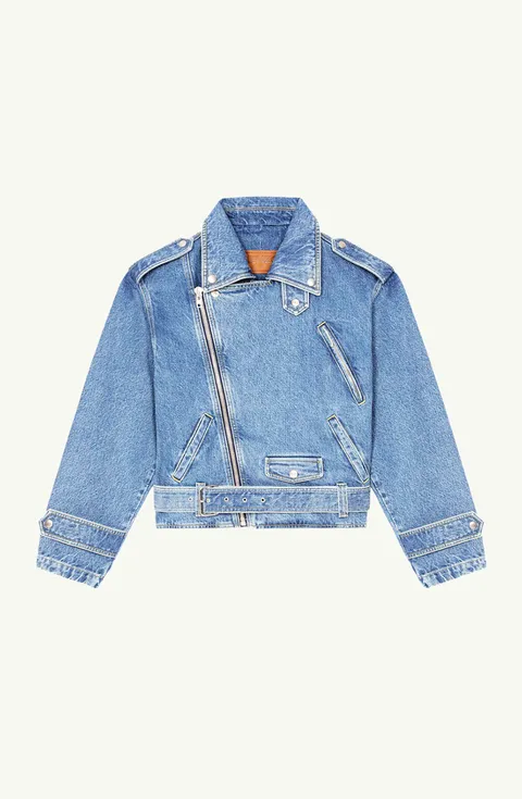 KENZO Women Asymmetrical Zip Denim Biker Jacket in Blue