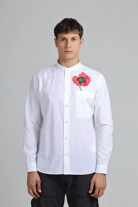 KENZO Men Kenzo Poppy Poplin Long Sleeves Shirt in White with Stand-Up Collar