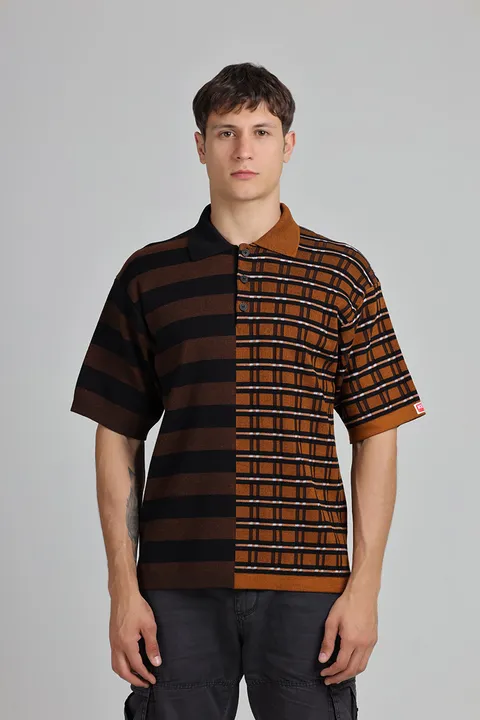 KENZO Men Striped Merino Wool Loose Fit Jumper in Dark Caramel/Black with Collar & Buttons