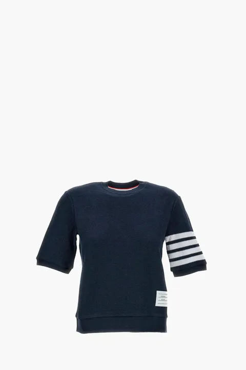 THOM BROWNE Women Textured Pique 4Bar TShirt in Navy Cotton