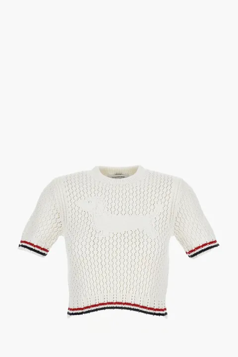 THOM BROWNE Women Pointelle Stitch Hector RWB Tee in White Cotton