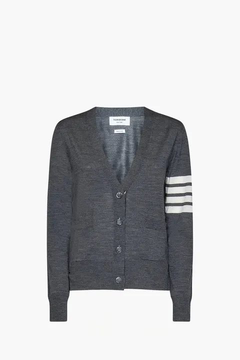 THOM BROWNE Women 4-Bar V-Neck Cardigan in Med Grey Merino Wool