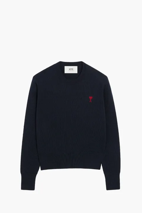 AMI Woman De Coeur Crewneck Sweater in Navy/Red Wool