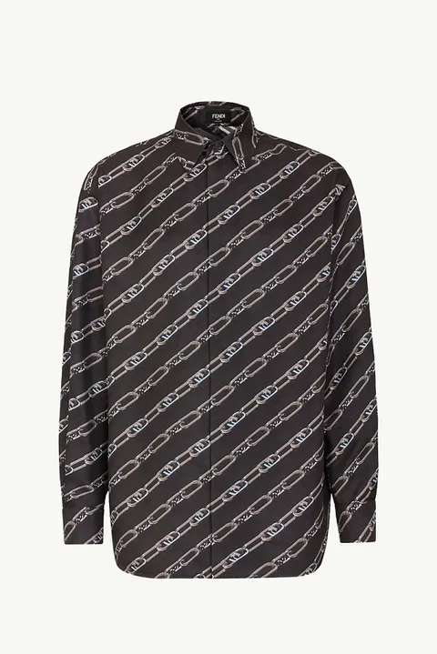 FENDI Men All Over O'Lock Chain Long Sleeves Shirt in Black Silk