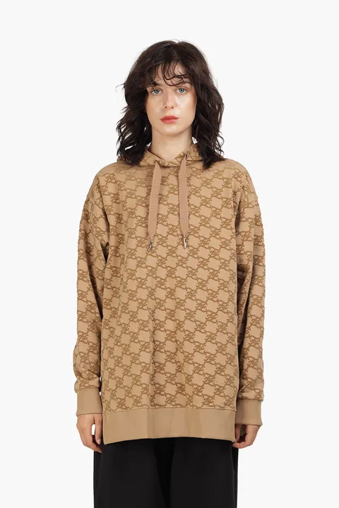 FENDI Women All Over Flocked Karligraphy Oversized Sweatshirt in Beige with Hoodie