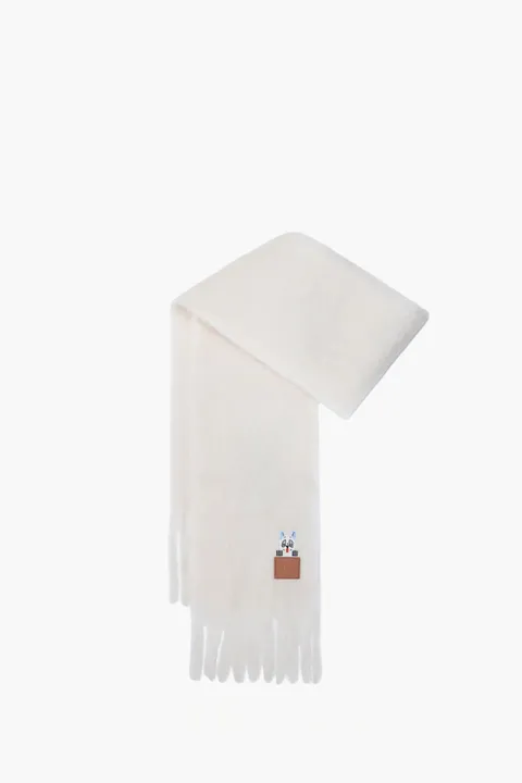 LOEWE Mohair and Wool Scarf in White with Embossed Futurist Cat 
