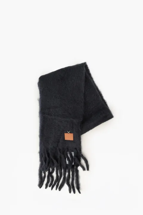 LOEWE Mohain and Wool Scarf in Black with Enamel and Brass Futursit Cat Brooch