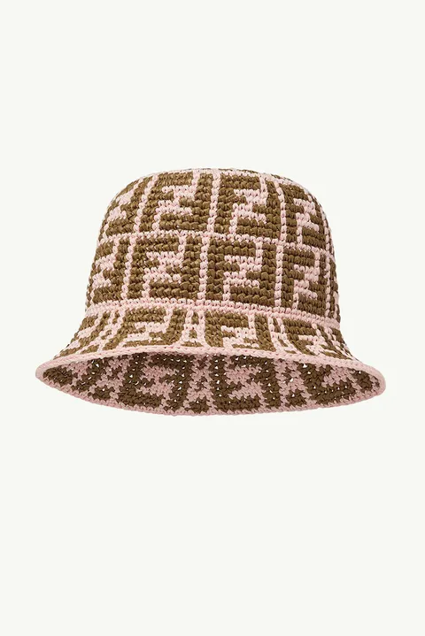 FENDI All Over FF Logo Bucket Hat in Pink/Green Raffia