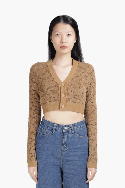 FENDI Women FF Karligraphy V Neck Cropped Cardigan in Beige Velvet