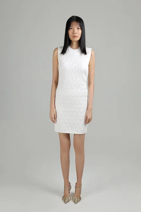 FENDI Women FF Embossed Sleeveless Knit Dress in White Viscose