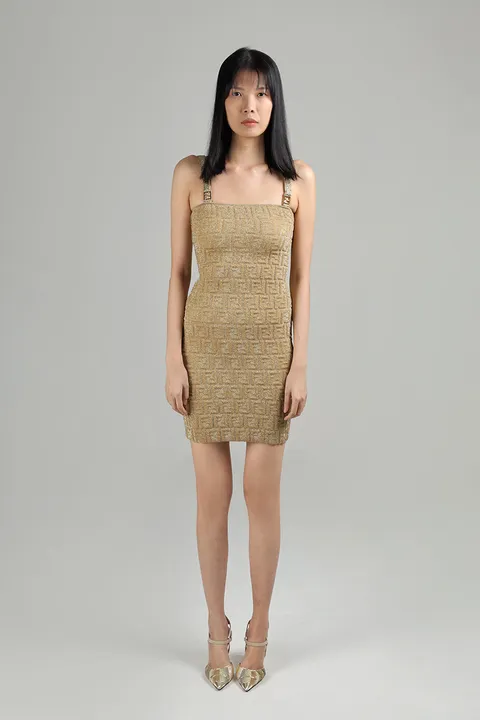 FENDI Women All-Over Embossed FF Motif Sleeveless Mini Dress in Gold
