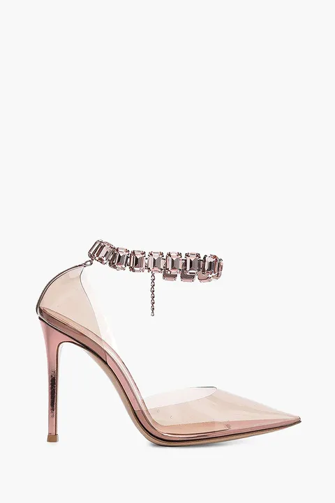 GIANVITO ROSSI Women Plexi Ankle Strap Pumps 105mm in Peach with Crystals